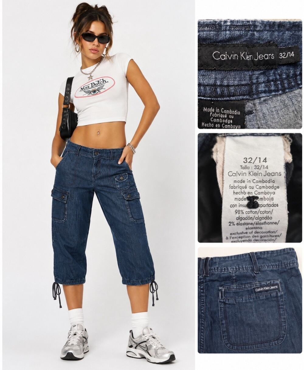 Parachute Y2K Indie Calvin Klein Cargo Capri Jeans Sz 14 Medium Wash Indigo 00s